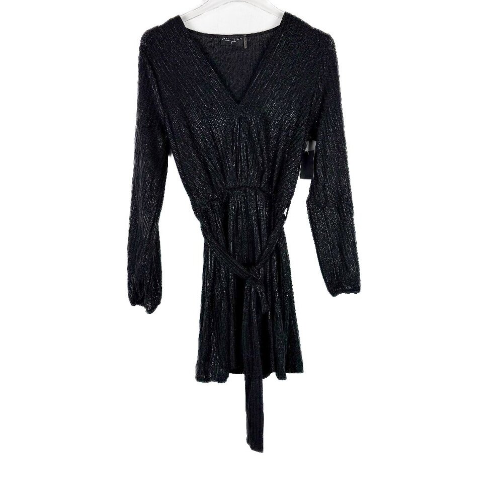 NWT Dress Forum Long Sleeve Ribbed Metallic V-Neck Dress Black Size Small S NEW